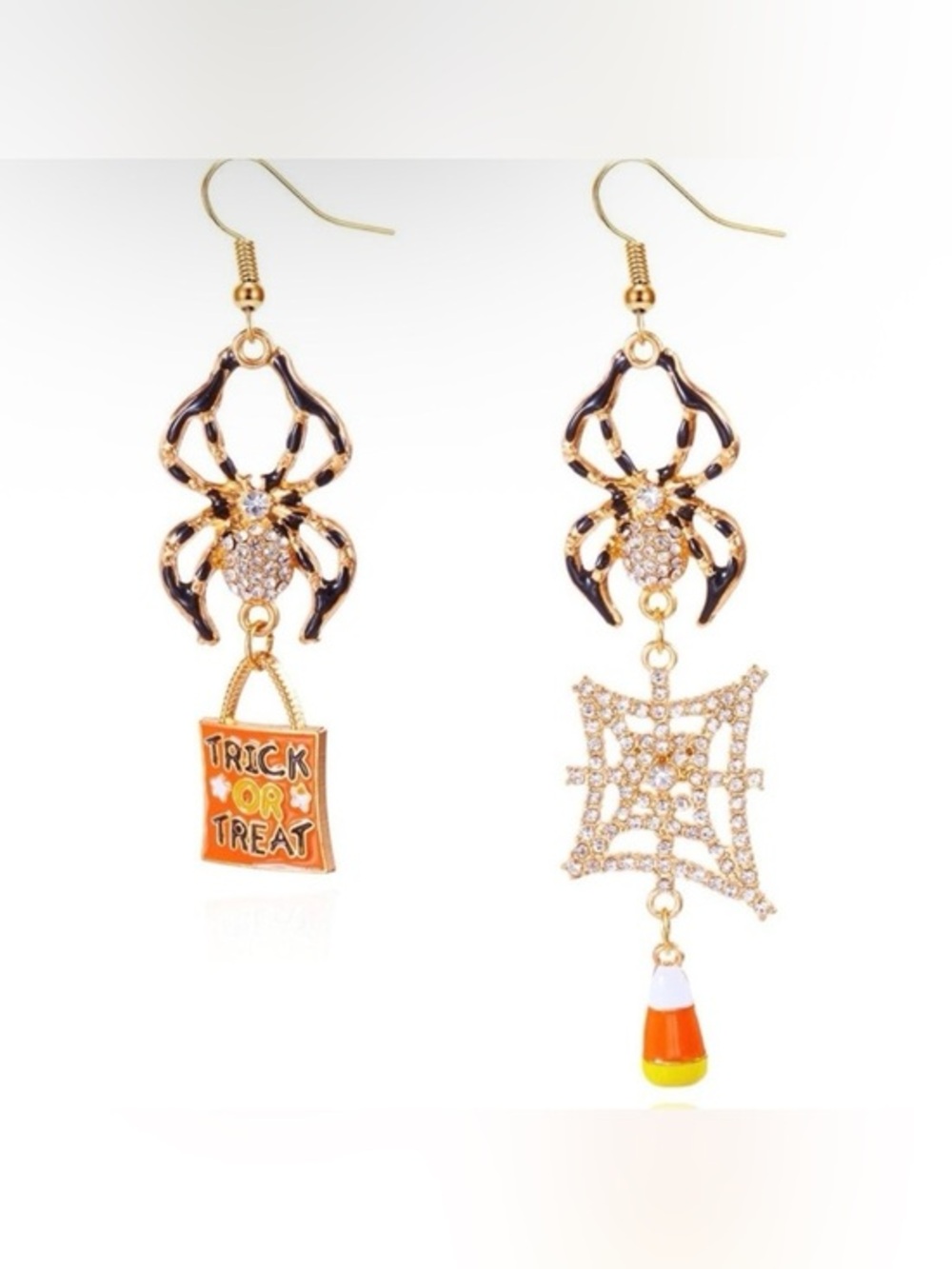 Gold-Tone Halloween Spider & Web Dangle Earrings with Orange Accents